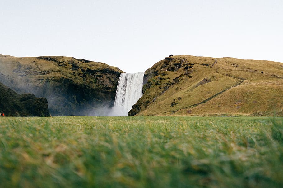 waterfall, highland, mountain, green, grass, nature, field HD wallpaper