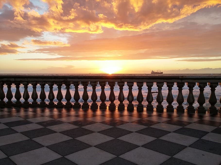 leghorn, sunset, terrace, balustrade, sky, cloud - sky, orange color, HD wallpaper