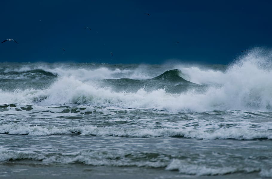 landscape photo of ocean waves, waves crashing on sand, storm HD wallpaper