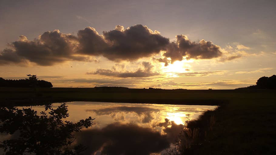 sunset, clouds, pond, abendstimmung, evening sky, water, romantic HD wallpaper