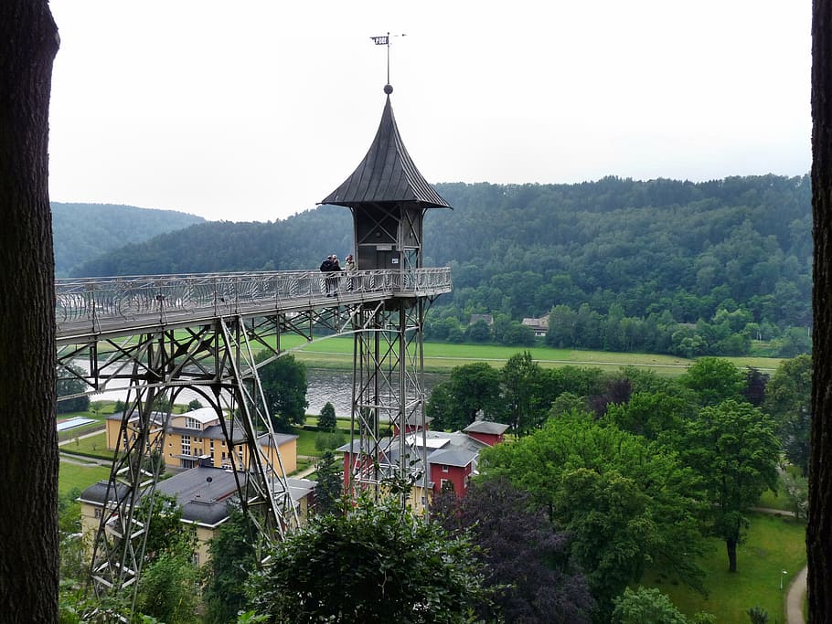bad schandau, elevator, ostrava, tree, plant, water, built structure HD wallpaper