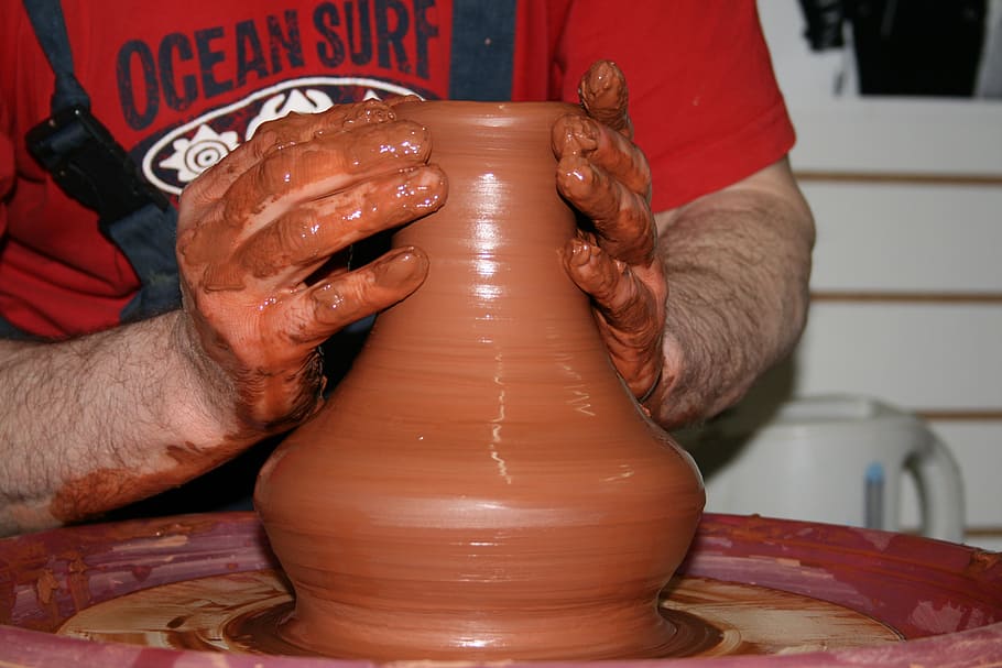 person molding clay pot, potter, master, modeling, trade, human hand HD wallpaper