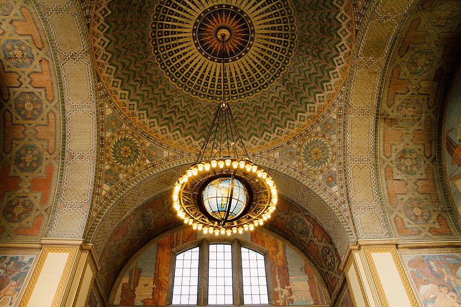 brown pendant lamp, lighted chandelier inside building, globe HD wallpaper