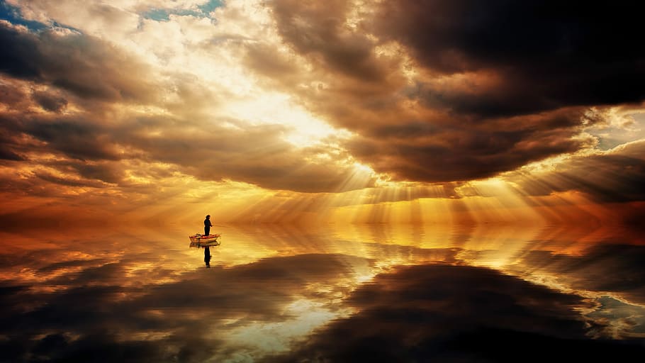 man on clouds art, ocean, fischer, reflection, mirroring, dramatic HD wallpaper
