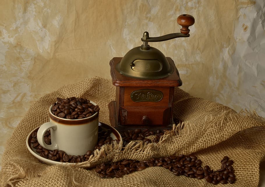 brown coffee grinder and white ceramic mug, grain, cup, retro HD wallpaper