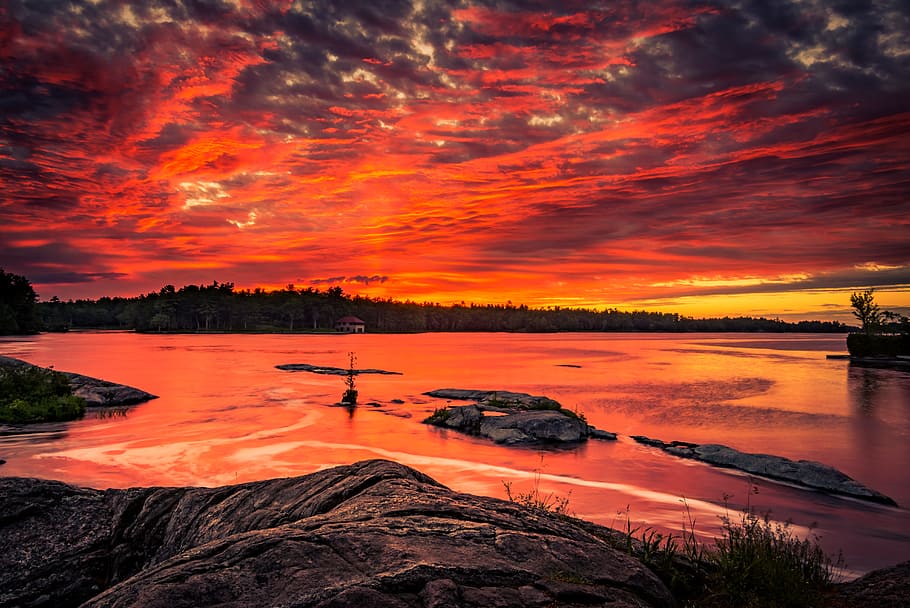 dawn, landscape, nature, sky, clouds, evening, lake, mountain HD wallpaper