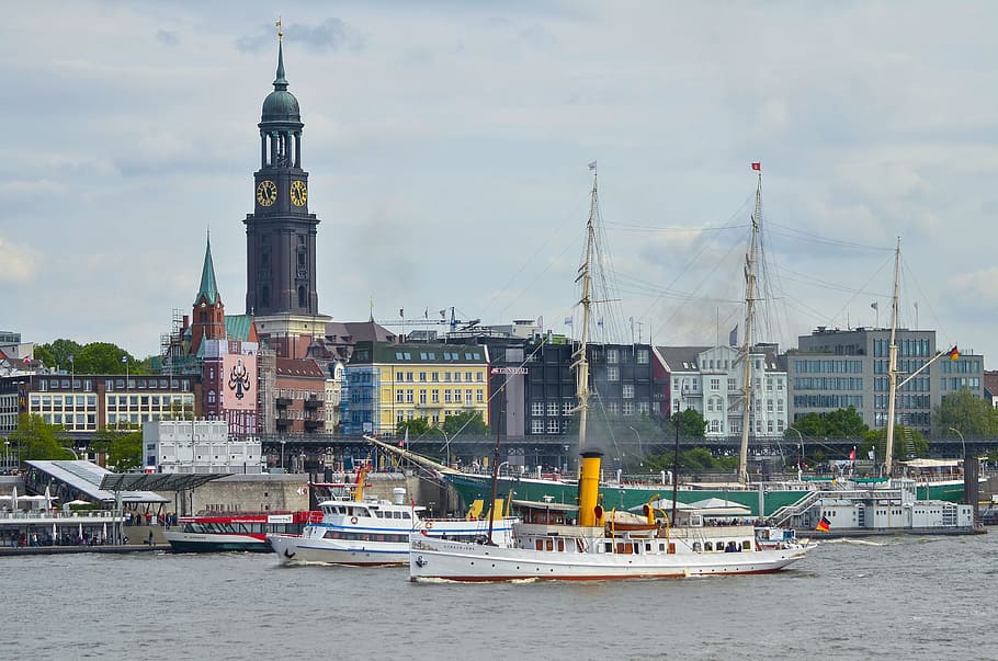 white ship on sea parked on multi-colored buildings, hamburg, HD wallpaper