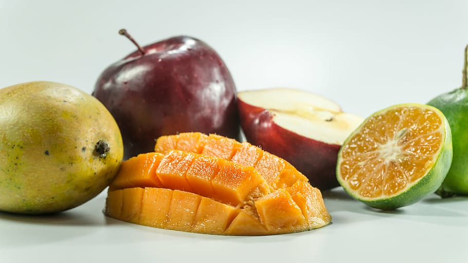 mango, apple, oranges, slice, on hand, yellow, isolated, cube HD wallpaper