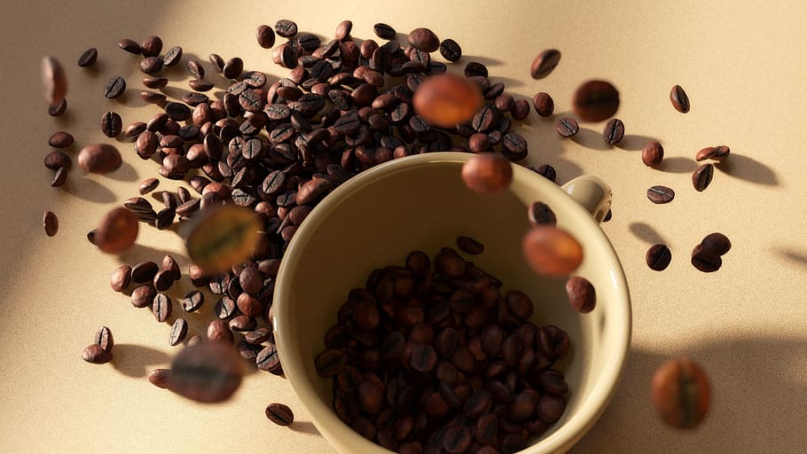coffee, cup, table, grain, coffee beans, roasted coffee, grains HD wallpaper