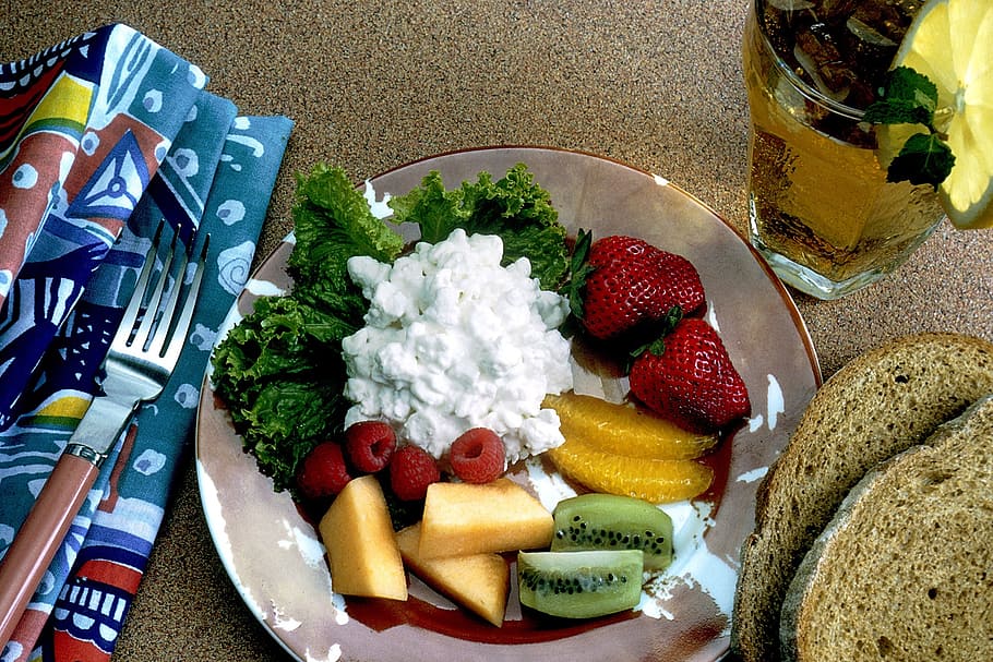 assorted sliced of fruits with white sauce, snack, plate, healthy HD wallpaper