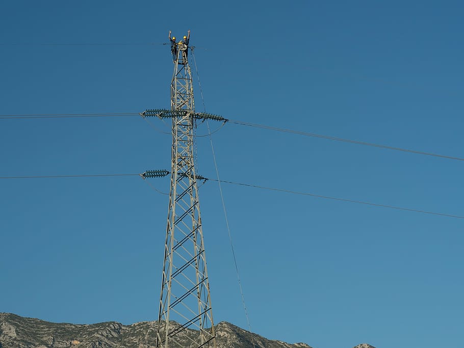 electrical tower, electricity, workers, electricians, greeting HD wallpaper