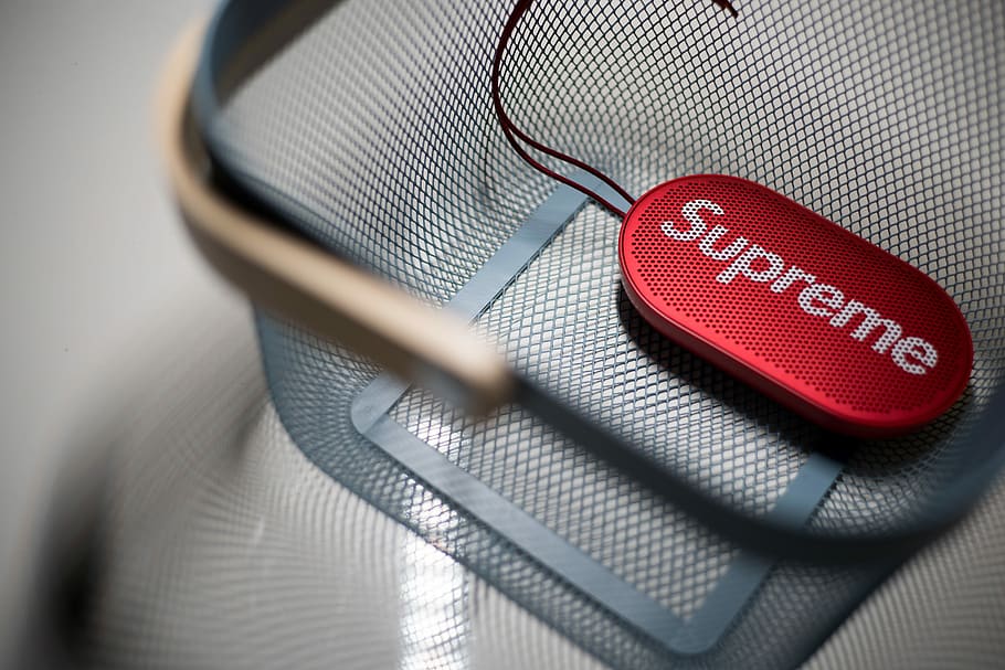 oval red Supreme speaker in blue basket, untitled, shadow, light HD wallpaper