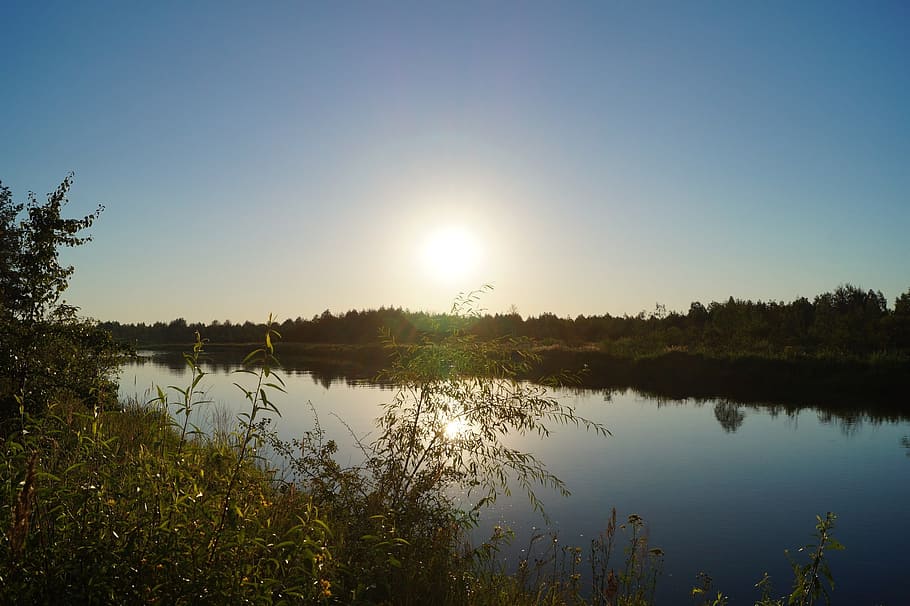 evening, sunset, river, reflection, evening shore, horizon HD wallpaper