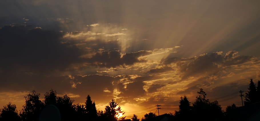 sun, sunset, sky, abendstimmung, tree, sunbeam, romantic, mood HD wallpaper