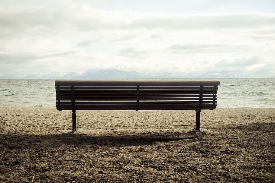 sea, ocean, water, wave, nature, bench, horizon, clouds, land HD wallpaper