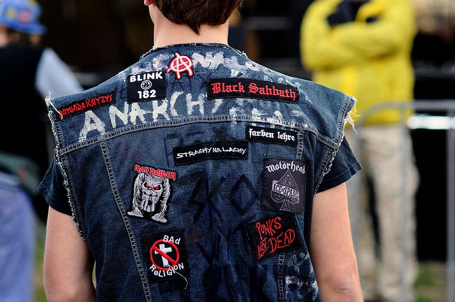 assorted patches on denim vest, jacket, fashion, man, model HD wallpaper