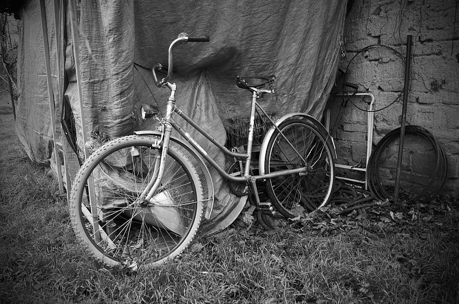 old, bicycle, black, white, heritage, history, village, ride HD wallpaper