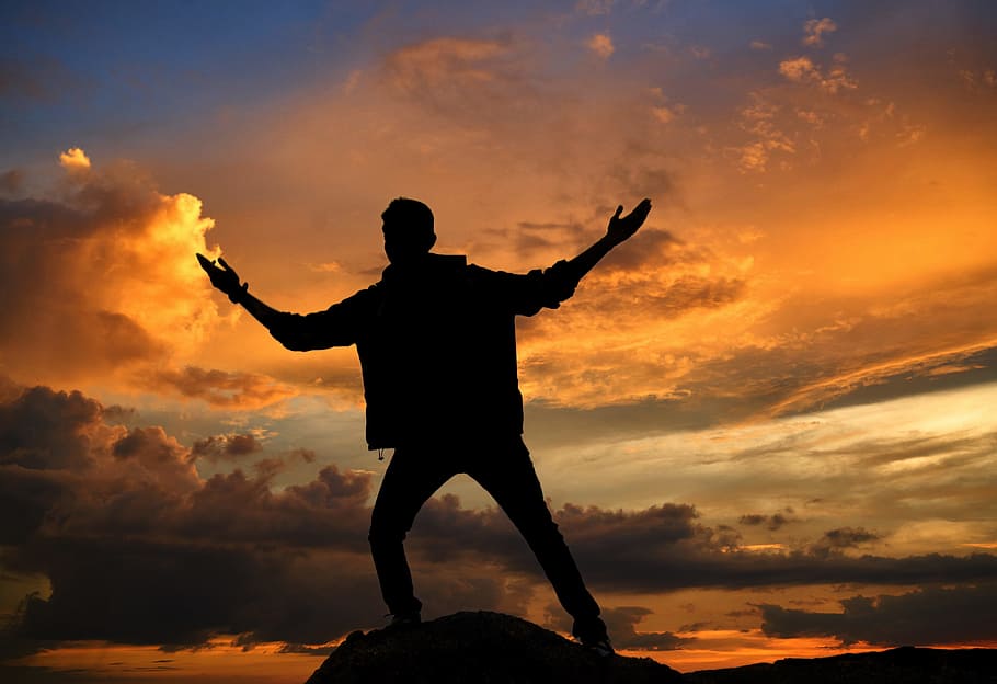 sunset, dawn, sky, silhouette, people, pose, adventure, outdoors HD wallpaper