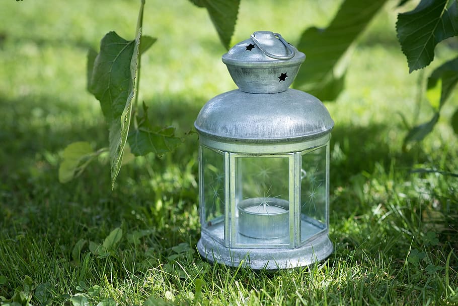 grey tealight candle lantern on green grass, lamp, metal lamp, HD wallpaper
