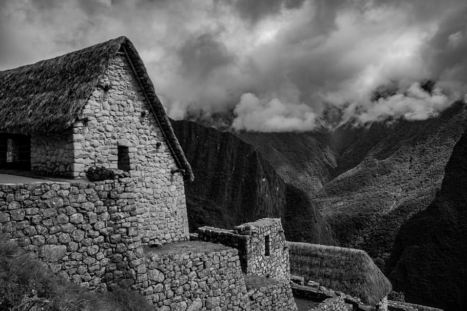grayscale photography of house near mountain under the cloudy sky, grayscale photograph of concrete house HD wallpaper