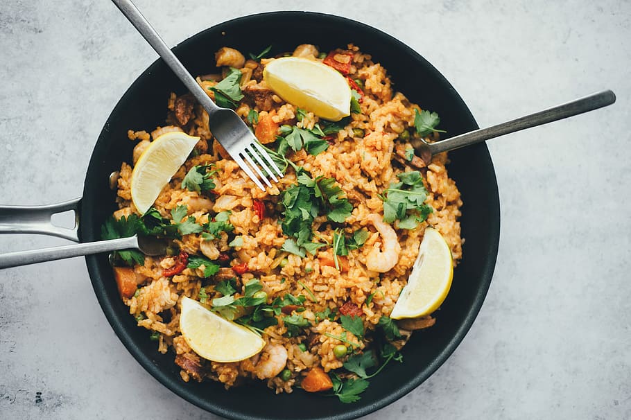 Paella, cooked rice in pan, dinner, meal, stir fry, fork, food, HD wallpaper