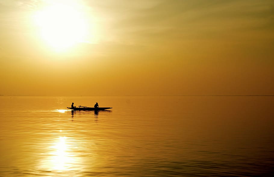 fishing, sun, evening, water, nautical vessel, sunset, sky HD wallpaper