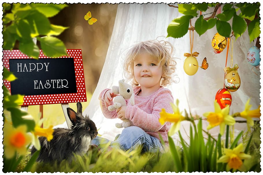 Happy Easter illustration, flower, child, fun, cute, nature HD wallpaper