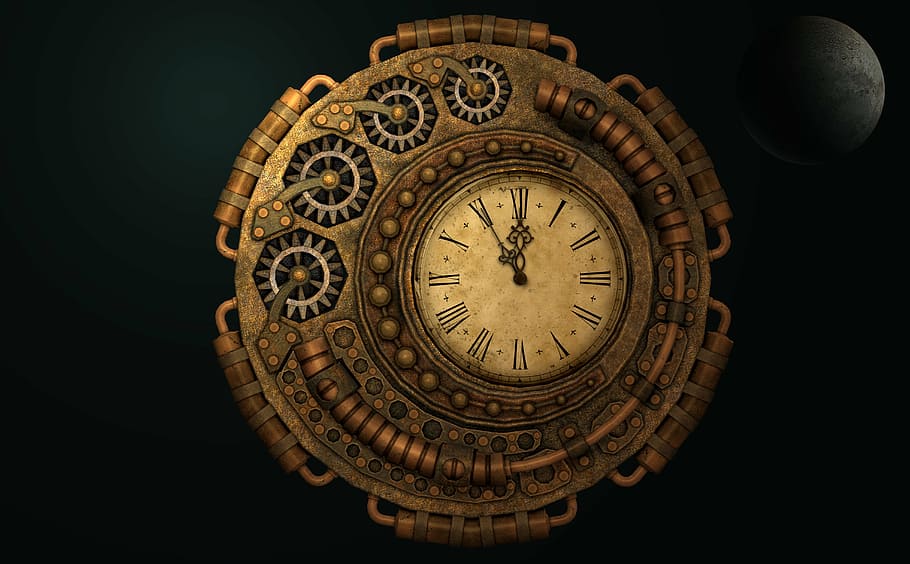 roman numerical clock at 11:55, time, moondial, time machine