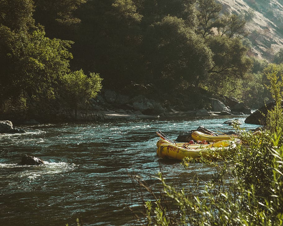 two yellow inflatable boats beside river at daytime, inflatable boat on stream, HD wallpaper