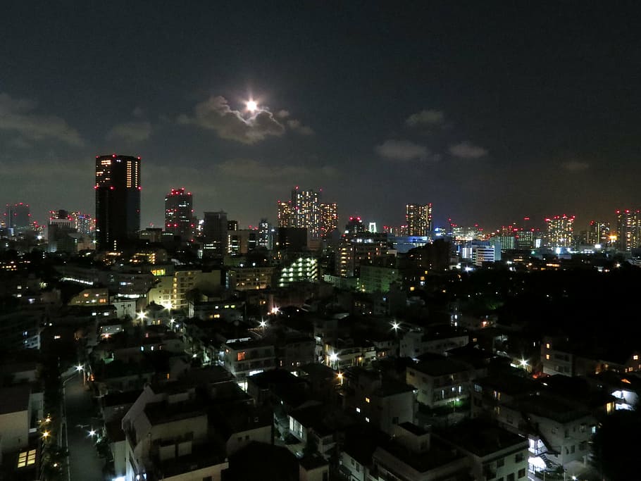 aerial photography of high-rise buildings at night, moon, full moon HD wallpaper