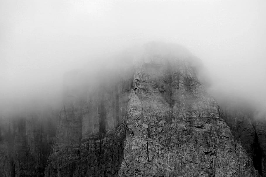 clouds on top of hill, grey mountain covered by fogs, rock, cloudy HD wallpaper