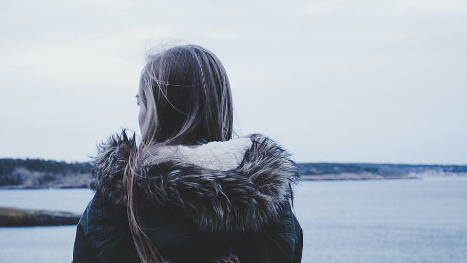 back view, beach, cold, frost, fur, island, jacket, lake, landscape HD wallpaper
