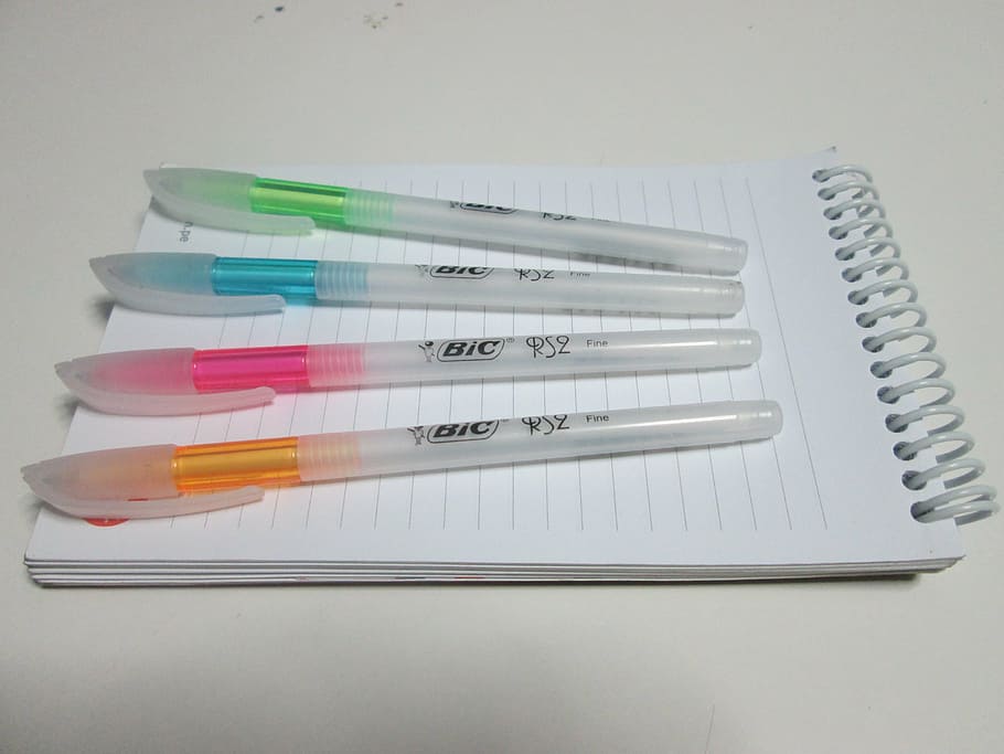 bic, notepad, paper, pens, equipment, indoors, healthcare and medicine HD wallpaper