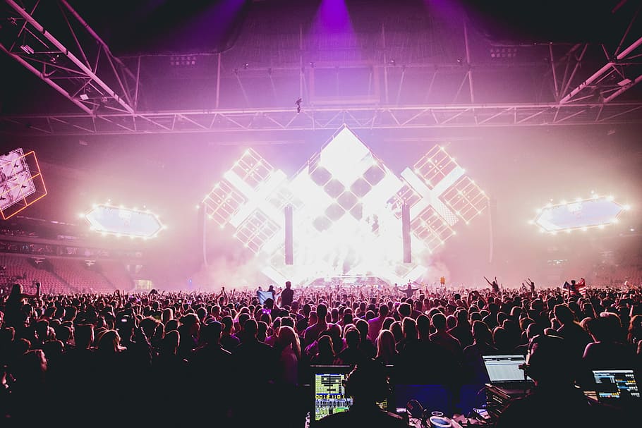 crowded musical event with lights, people on concert, stage, audience HD wallpaper