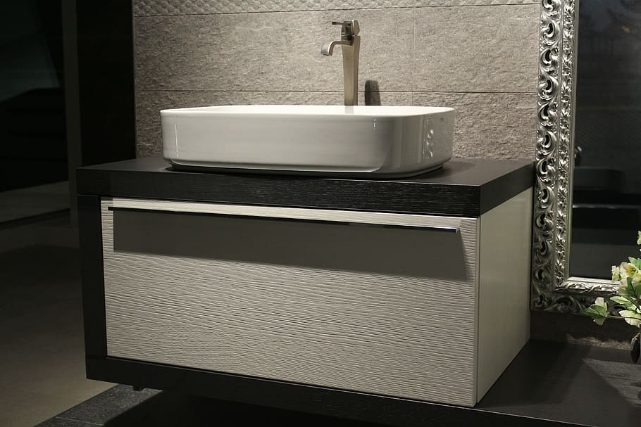 white ceramic sink with silver faucet, bathroom cabinet, washbasin, HD wallpaper