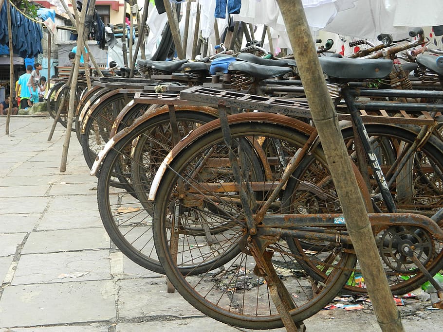 rusted, bicycles, wheel, old, iron, transport, urban, dhobighat HD wallpaper