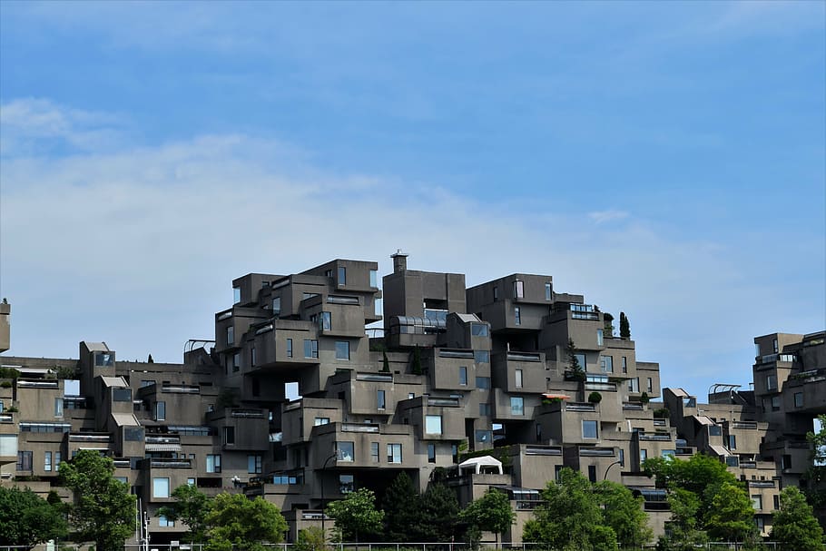 gray painted building under blue sky, habitat 67, montreal, architecture, HD wallpaper