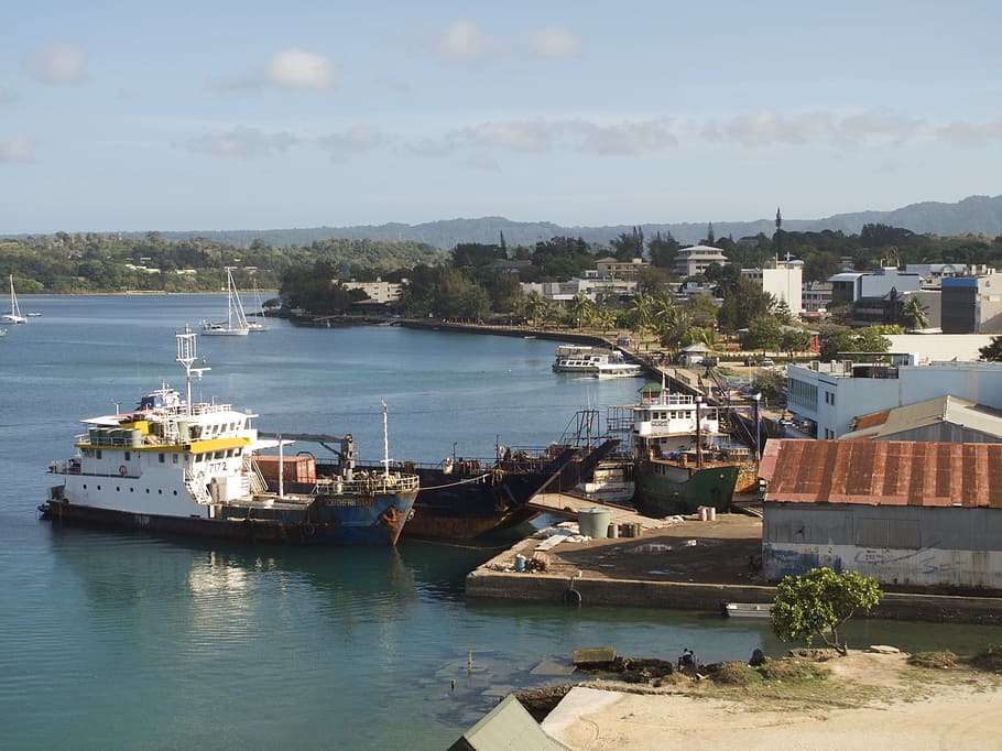 white ship in front of dock at daytime, Vanuatu, Harbor, Bay, HD wallpaper