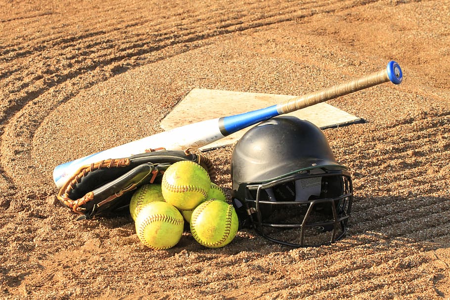 baseball bat beside baseball helmet, softball, gear, equipment