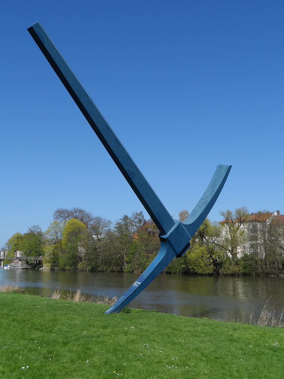 pickaxe, sculpture, documenta, kassel, fulda shore, river, meadow HD wallpaper