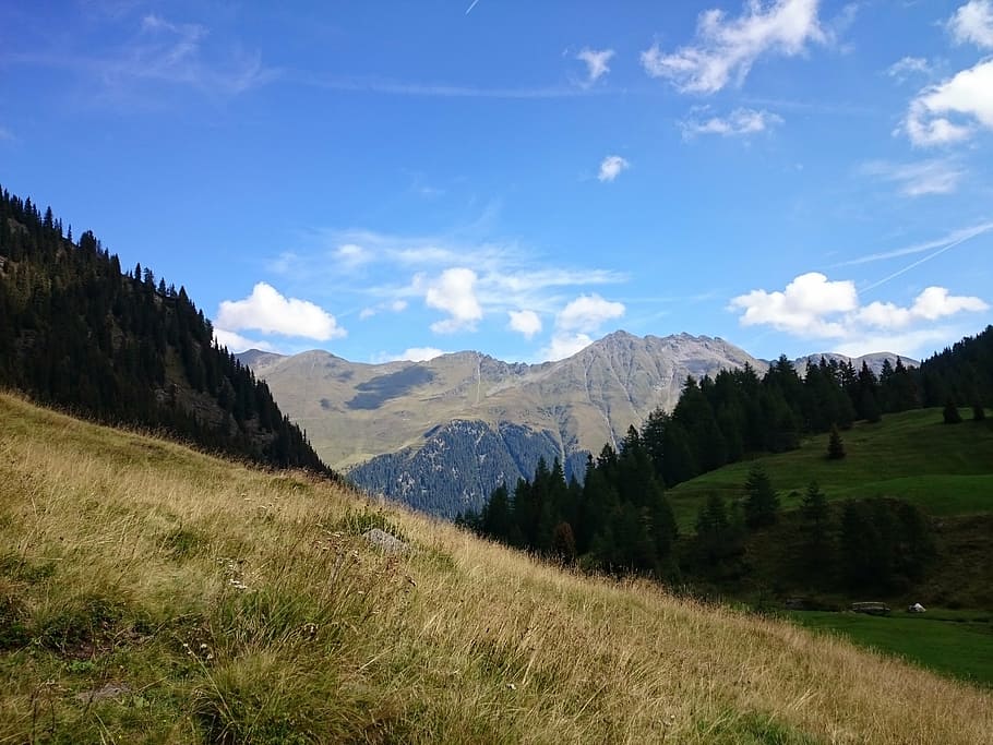 sky, blue, blue sky, clouds, nature, forest, summer, mountain group HD wallpaper