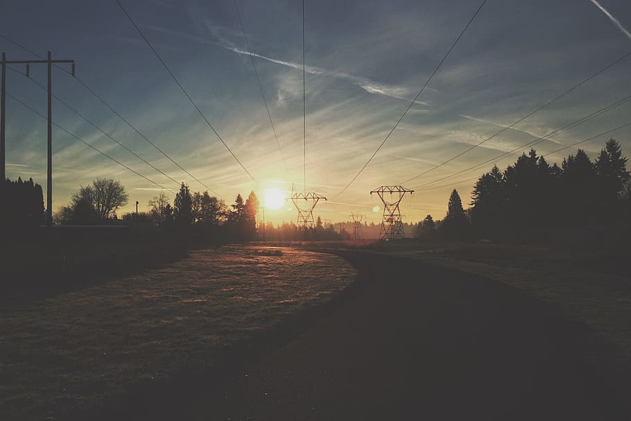Sunset, Dusk, Power Lines, sky, landscape, nature, road, rural HD wallpaper