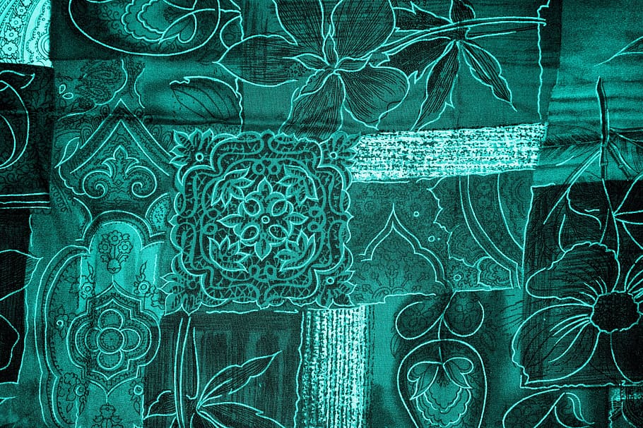 green and white floral textile, background, patchwork, flowers