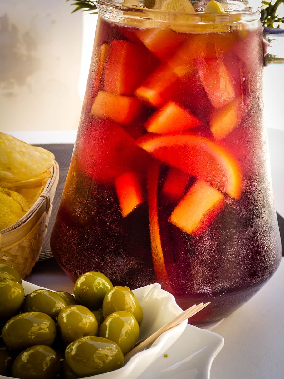 green olives and detox water, sangria, spanish, food, spain, bar