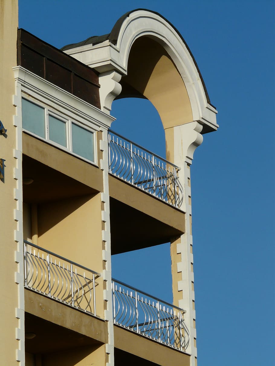 Balcony, Home, Building, Architecture, grid, round arch, archway