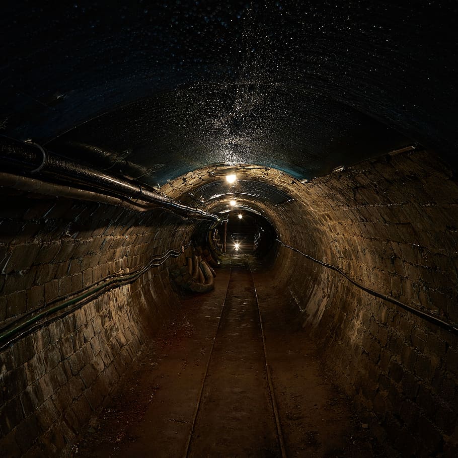 mining tunnel, tunnel with pipes and LED lights, the way forward HD wallpaper