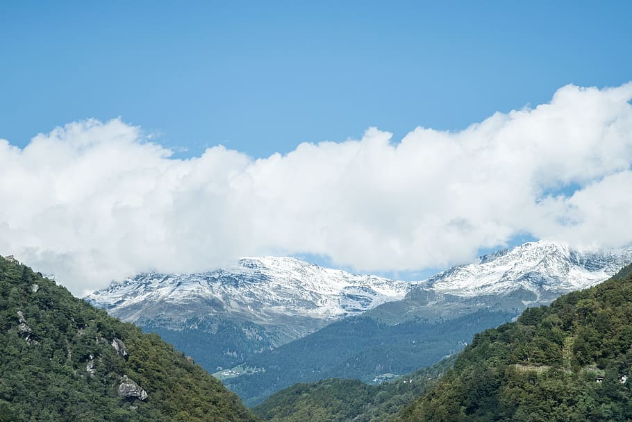 Aerial Image of Mountain Covered by Snow, adventure, blue, clouds HD wallpaper