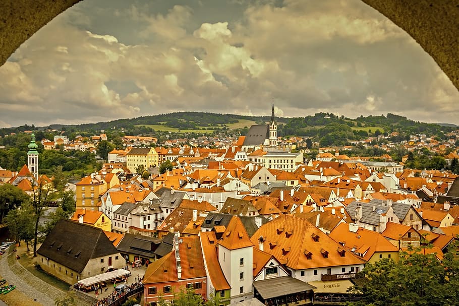 buildings with brown roofs, český krumlov, czech, czech republic, HD wallpaper