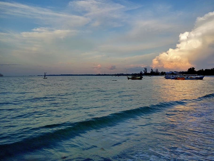 beach, sunset, sea, water, sky, cloud - sky, nautical vessel HD wallpaper