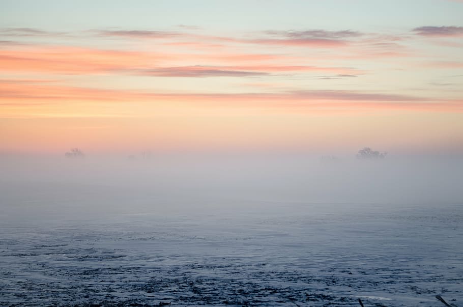 aerial photo of calm sea under orange sky, mist, surface, body HD wallpaper